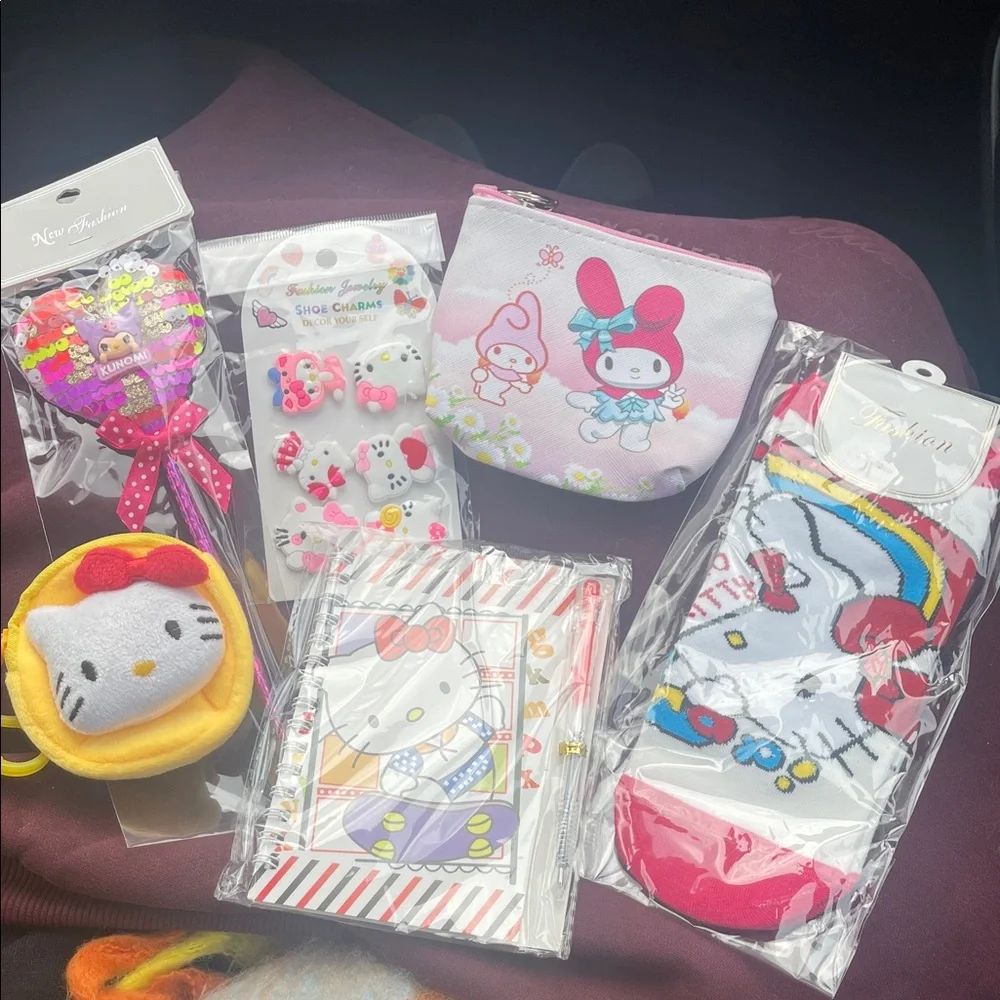 Hello Kitty and My Melody Accessories Set bundle of 6 croc charms socks pen nwt